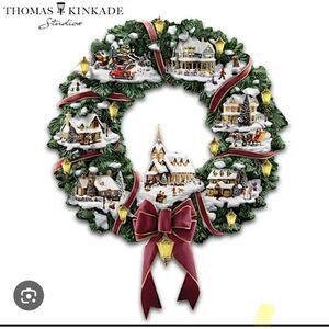 Thomas Kinkade Illuminated Christmas Wreath vintage christmas decor kitchy